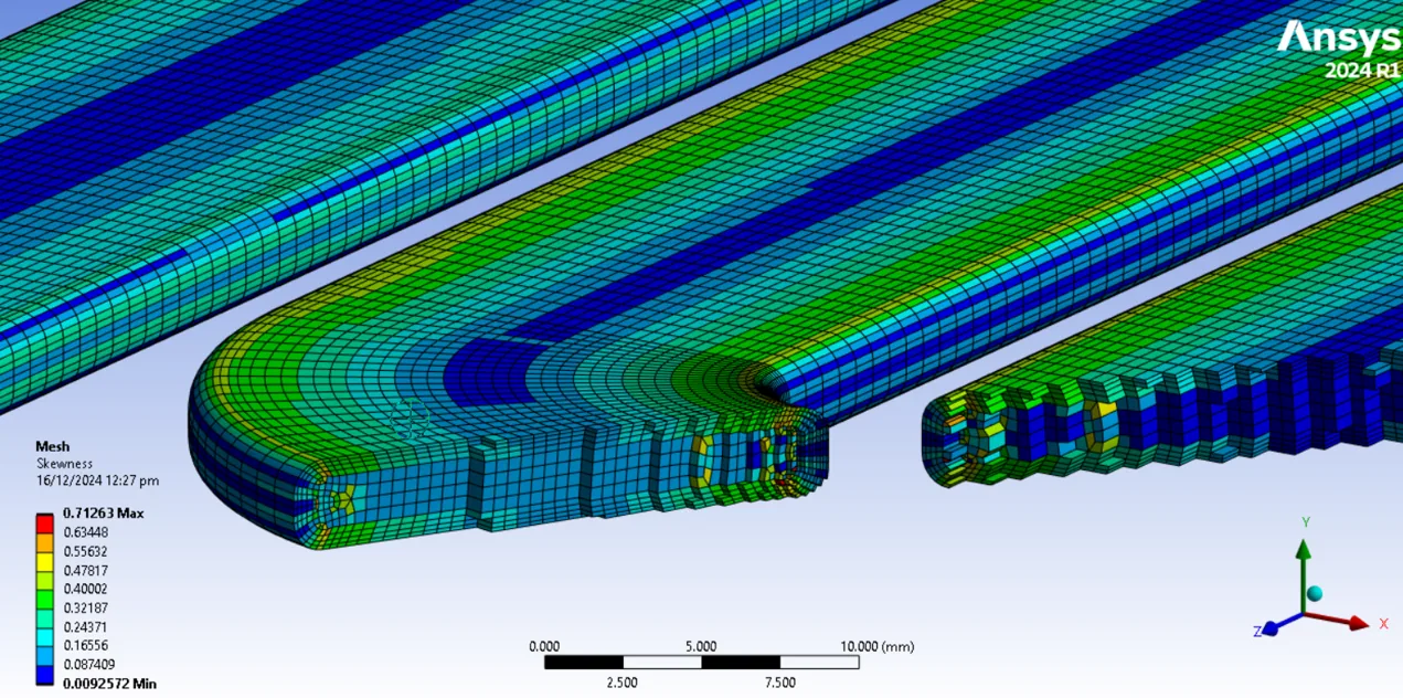 ANSYS Fluent mesh of the U-shaped serpentine cold-plate channels coloured by skewness (max 0.71263)