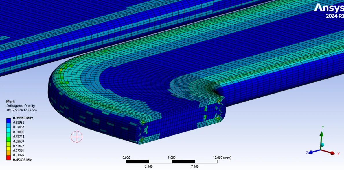 Section view showing orthogonal quality of cold-plate mesh