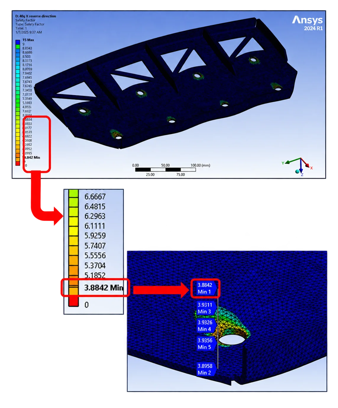 Battery mounting bracket simulation under longitudinal load