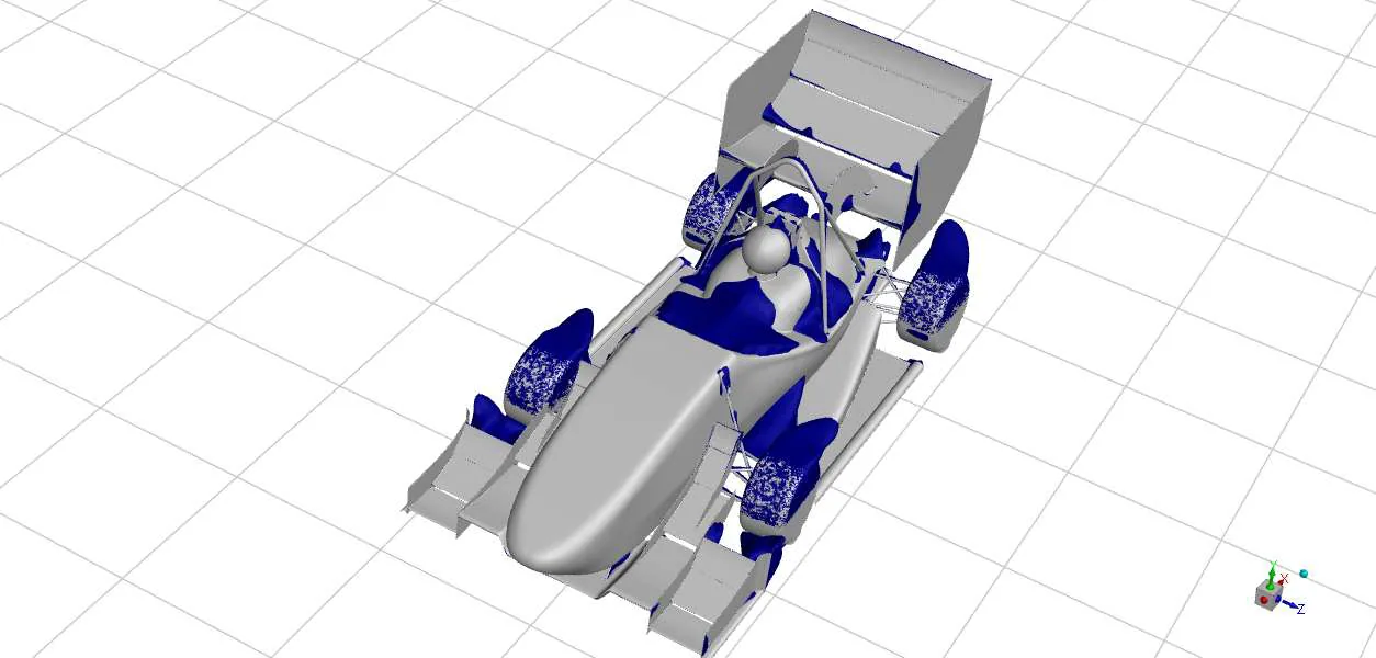 Isometric view of flow separation isosurfaces around the wheels and wing elements