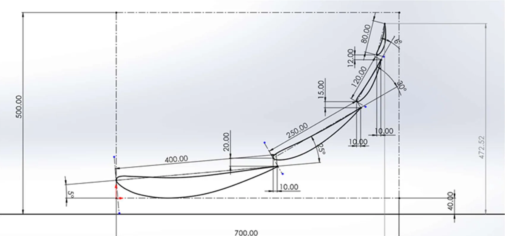 Parameterized four-element front wing 2D model with labeled dimensions