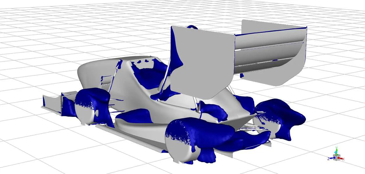 Flow separation isosurface showing near-zero axial velocity regions across the car