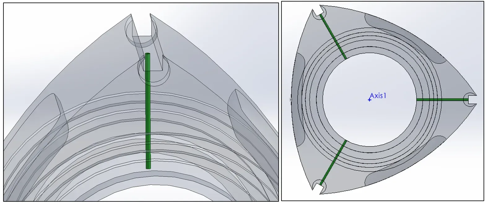 Novel lubrication channels highlighted in green through the Wankel rotor