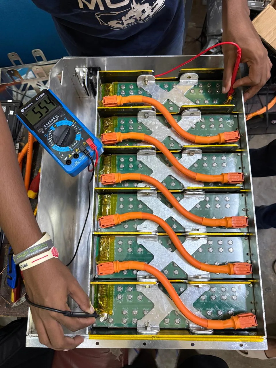 Photograph of the first series connection of all battery cells
