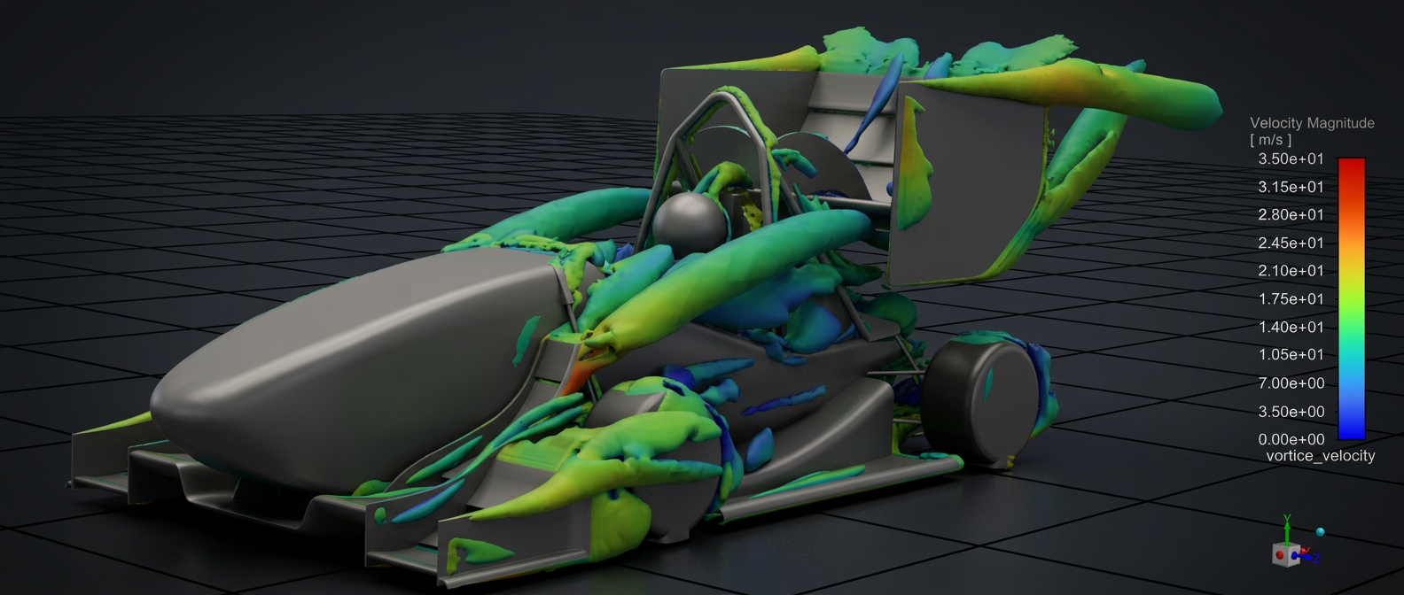 Formula Student aerodynamic CFD velocity structures around the race car against a dark technical grid