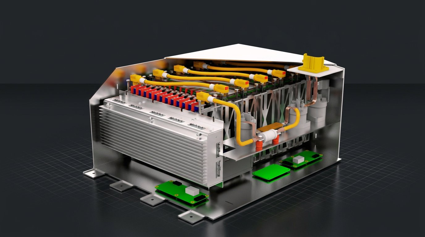 Sectioned render of the 600 V battery pack against a dark technical grid
